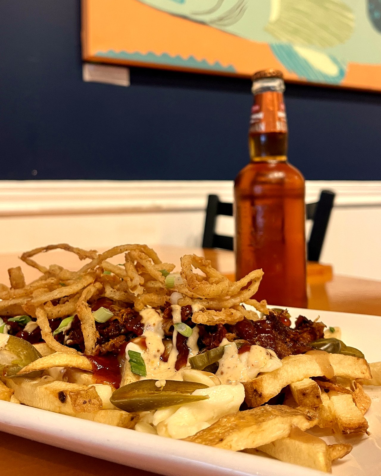 BBQ Pulled Pork Poutine with fresh curds, fried onions, jalapeños and chipotle aioli, OV Burger Bar Prince Rupert