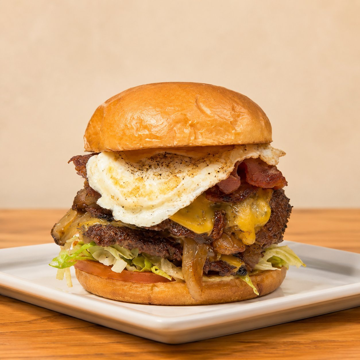 The Goliath double smash burger with bacon, fried egg and sauteed mushrooms, OV Burger Bar Prince Rupert