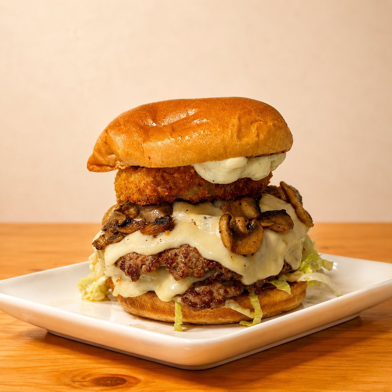 Mushroom Melt smash burger with sauteed mushrooms, swiss cheese and onion ring, OV Burger Bar Prince Rupert
